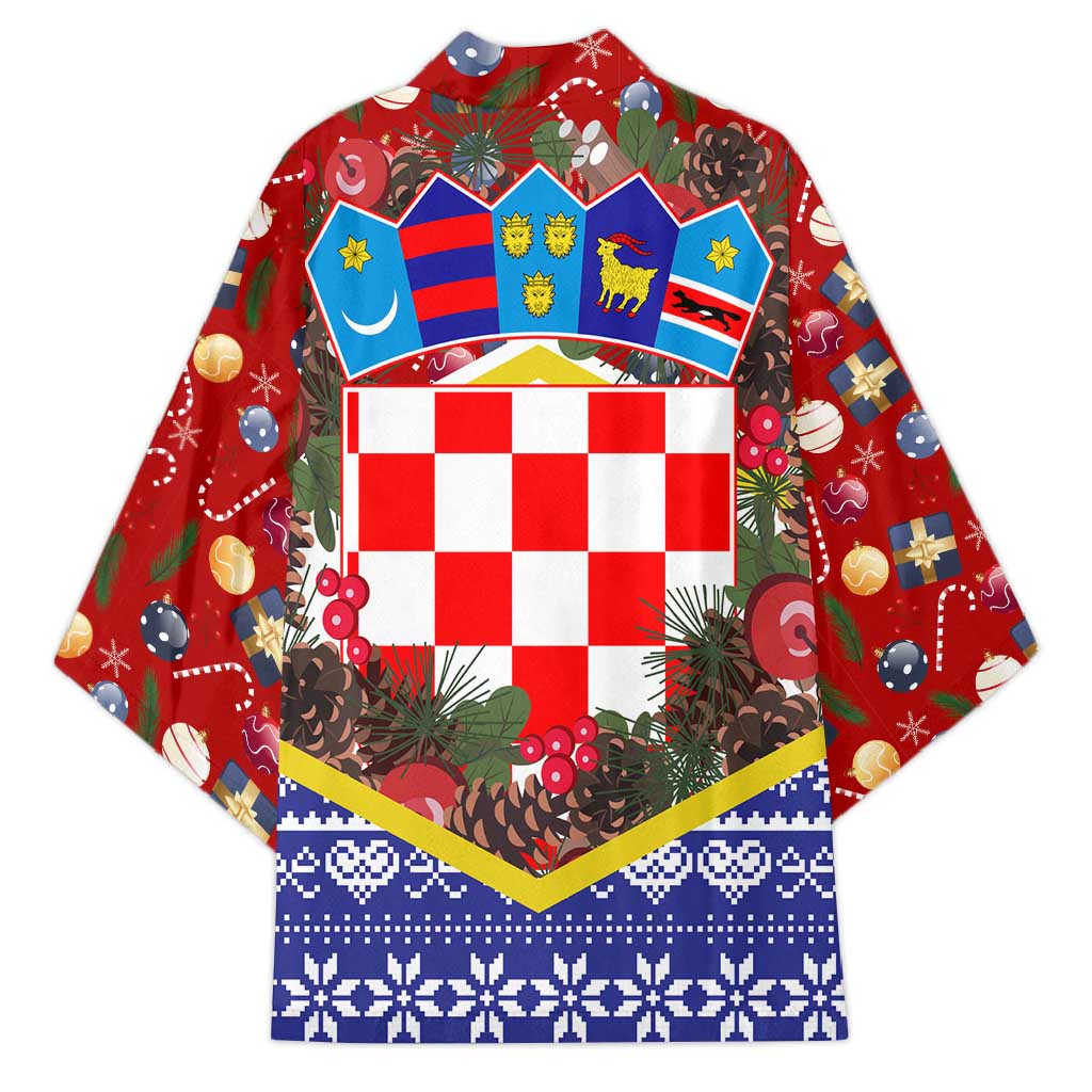 Croatia Christmas Kimono with Santa Sleigh Presents and Red Checkered Crest - Wonder Print Shop