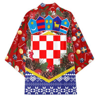 Croatia Christmas Kimono with Santa Sleigh Presents and Red Checkered Crest - Wonder Print Shop
