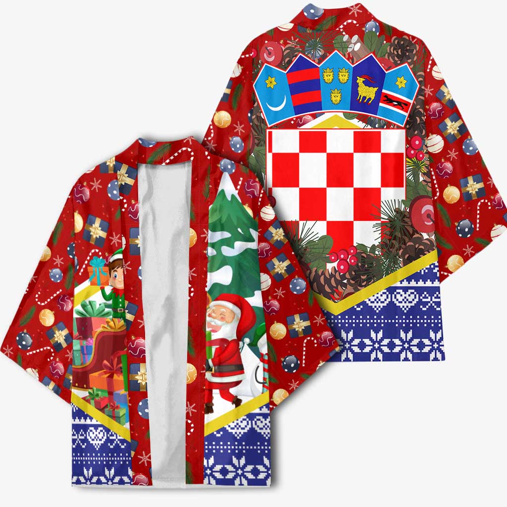 Croatia Christmas Kimono with Santa Sleigh Presents and Red Checkered Crest - Wonder Print Shop