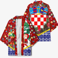 Croatia Christmas Kimono with Santa Sleigh Presents and Red Checkered Crest - Wonder Print Shop