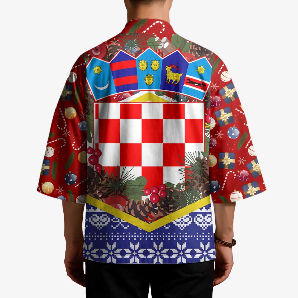 Croatia Christmas Kimono with Santa Sleigh Presents and Red Checkered Crest - Wonder Print Shop