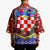 Croatia Christmas Kimono with Santa Sleigh Presents and Red Checkered Crest - Wonder Print Shop