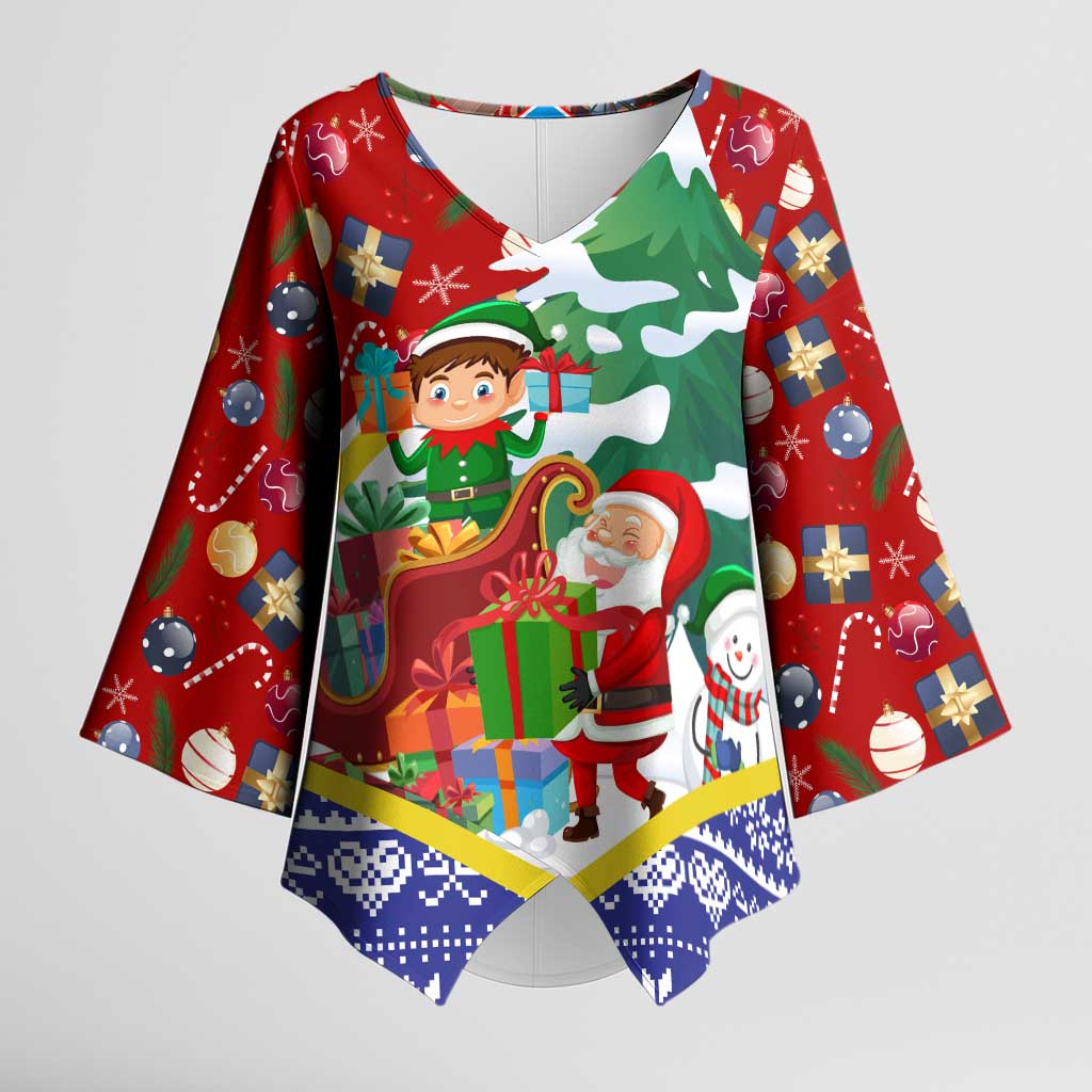 Croatia Christmas Kimono Sleeve Blouse with Santa Sleigh Presents and Red Checkered Crest - Wonder Print Shop