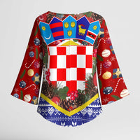 Croatia Christmas Kimono Sleeve Blouse with Santa Sleigh Presents and Red Checkered Crest - Wonder Print Shop