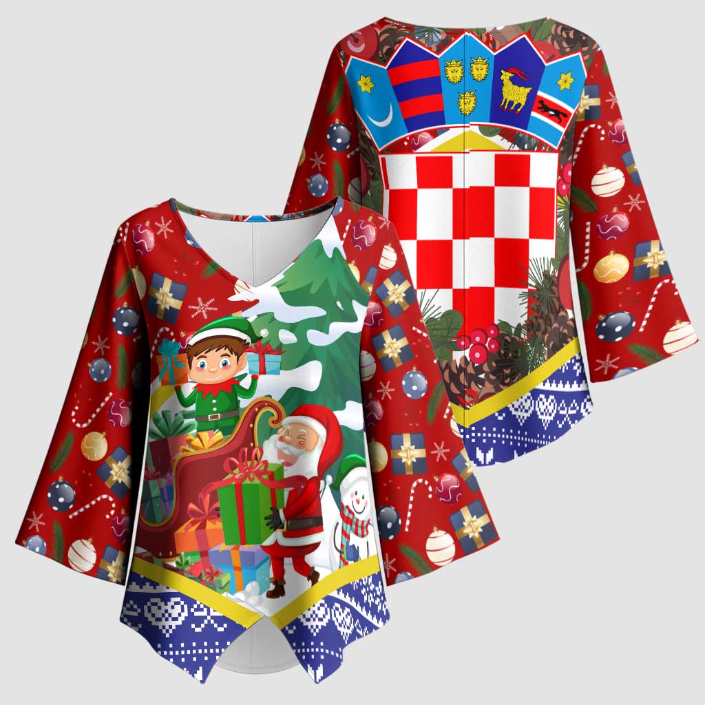 Croatia Christmas Kimono Sleeve Blouse with Santa Sleigh Presents and Red Checkered Crest - Wonder Print Shop