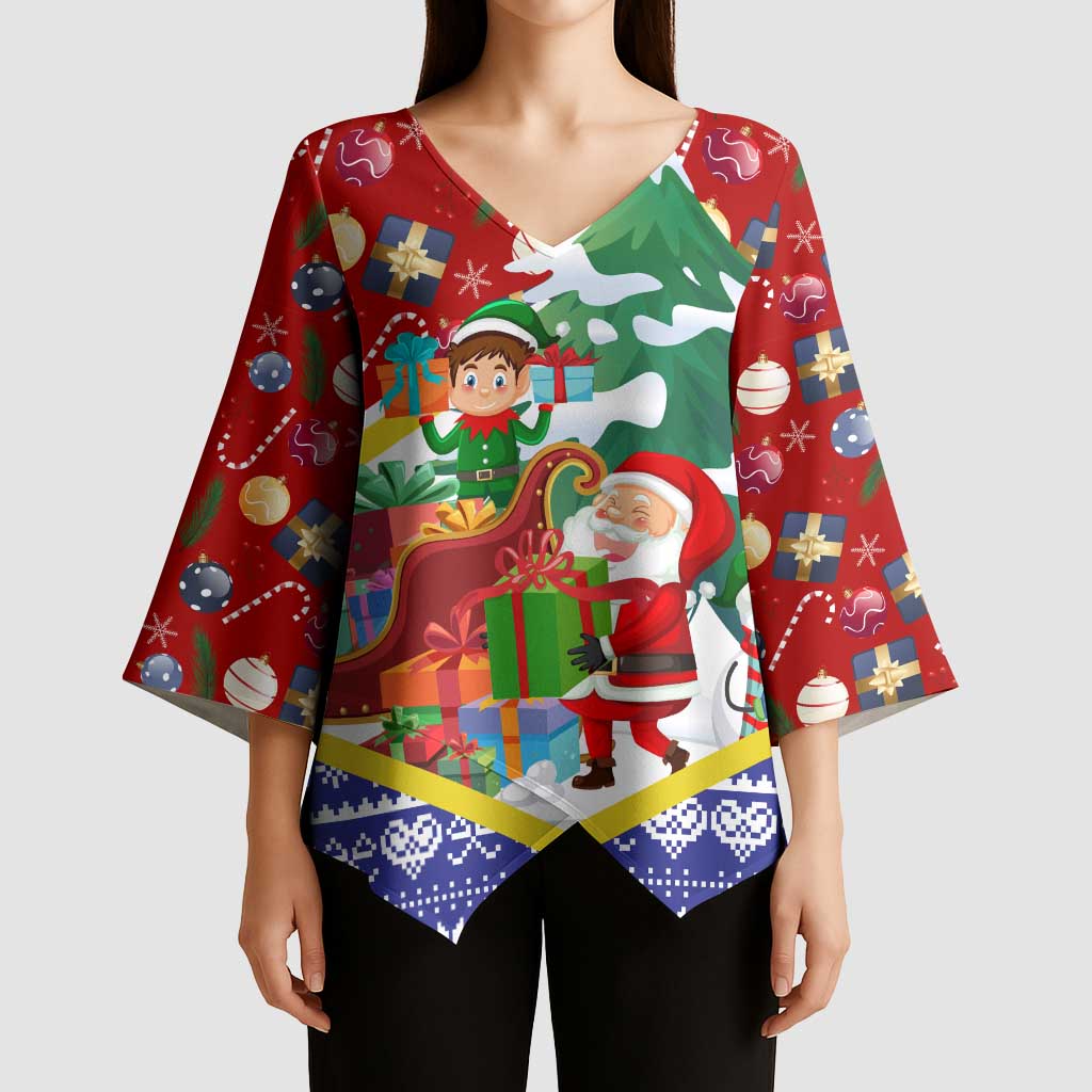 Croatia Christmas Kimono Sleeve Blouse with Santa Sleigh Presents and Red Checkered Crest - Wonder Print Shop