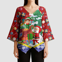 Croatia Christmas Kimono Sleeve Blouse with Santa Sleigh Presents and Red Checkered Crest - Wonder Print Shop