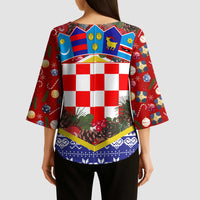 Croatia Christmas Kimono Sleeve Blouse with Santa Sleigh Presents and Red Checkered Crest - Wonder Print Shop