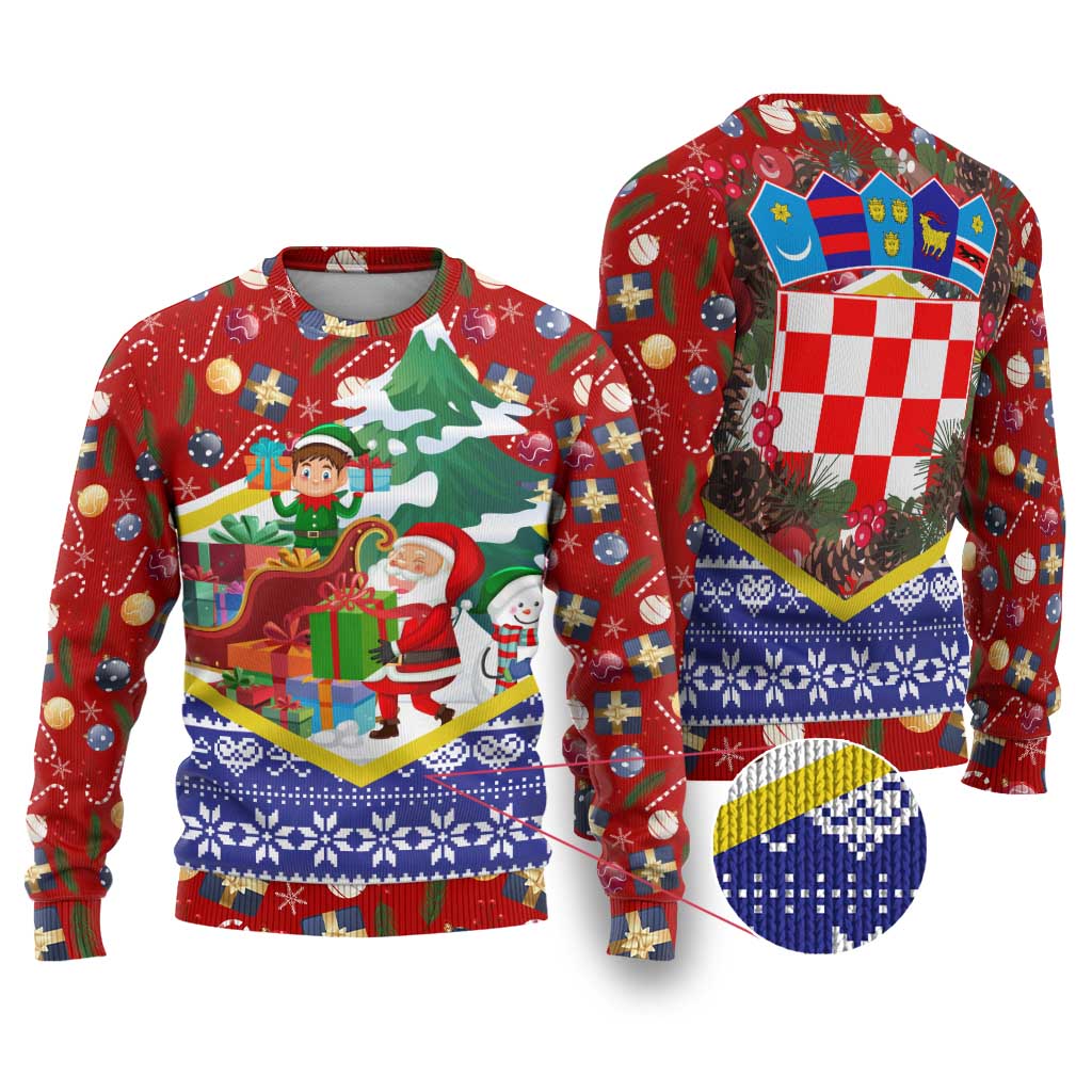 Croatia Christmas Ugly Christmas Sweater with Santa Sleigh Presents and Red Checkered Crest - Wonder Print Shop