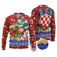 Croatia Christmas Ugly Christmas Sweater with Santa Sleigh Presents and Red Checkered Crest - Wonder Print Shop
