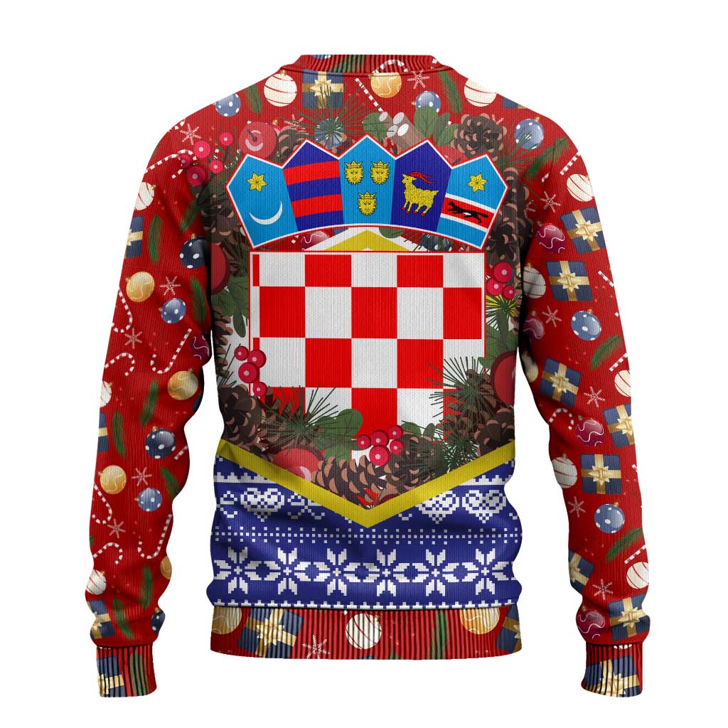 Croatia Christmas Ugly Christmas Sweater with Santa Sleigh Presents and Red Checkered Crest - Wonder Print Shop