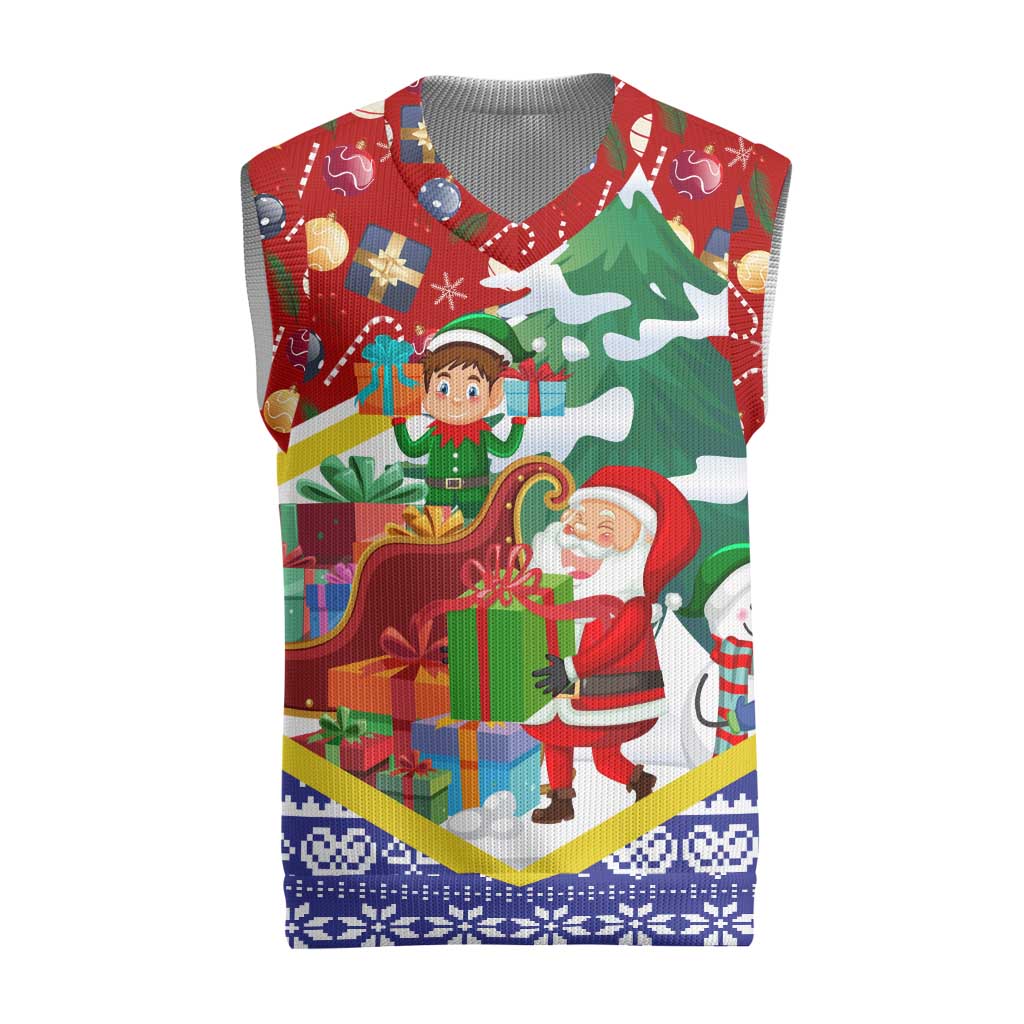 Croatia Christmas Knitted V-Neck Vest with Santa Sleigh Presents and Red Checkered Crest - Wonder Print Shop