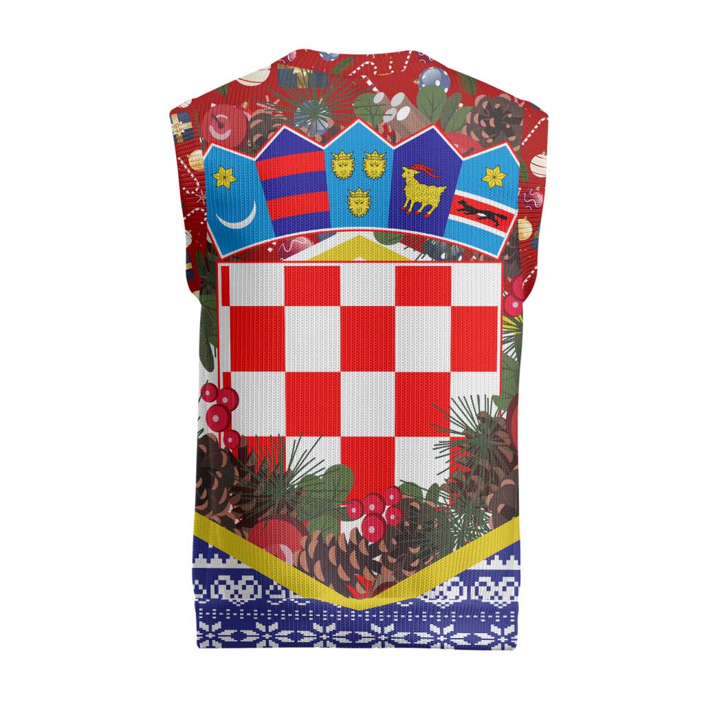 Croatia Christmas Knitted V-Neck Vest with Santa Sleigh Presents and Red Checkered Crest - Wonder Print Shop