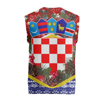 Croatia Christmas Knitted V-Neck Vest with Santa Sleigh Presents and Red Checkered Crest - Wonder Print Shop