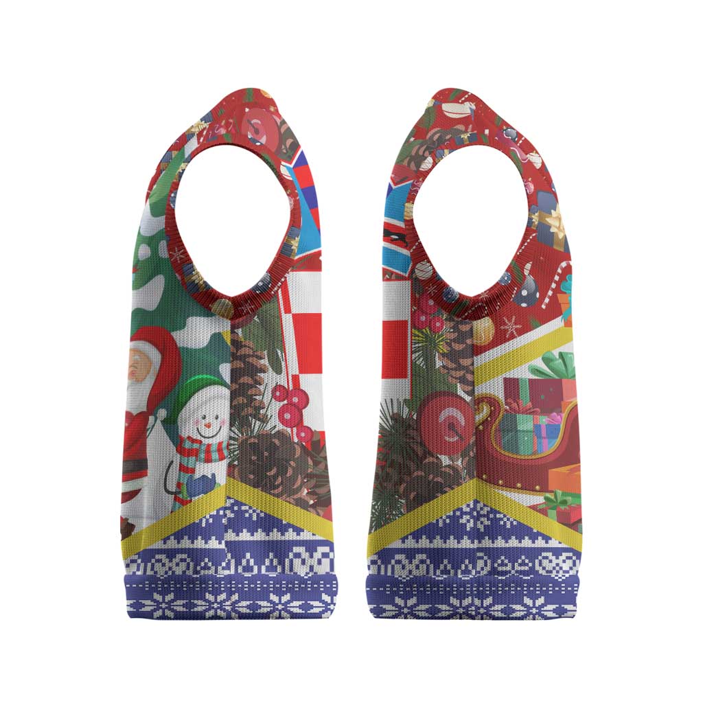 Croatia Christmas Knitted V-Neck Vest with Santa Sleigh Presents and Red Checkered Crest - Wonder Print Shop