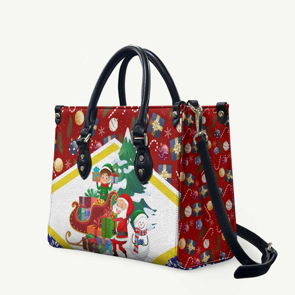Croatia Christmas Leather Bag with Santa Sleigh Presents and Red Checkered Crest - Wonder Print Shop