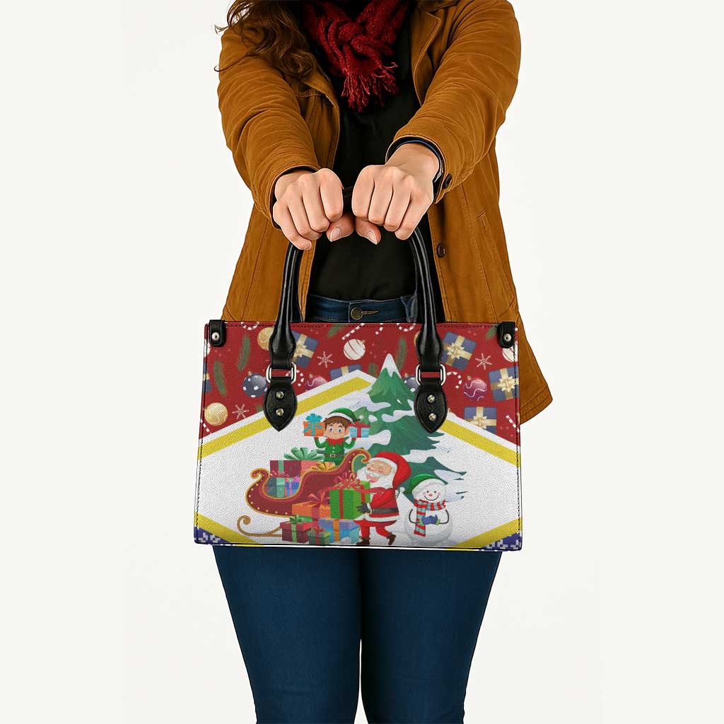 Croatia Christmas Leather Bag with Santa Sleigh Presents and Red Checkered Crest - Wonder Print Shop