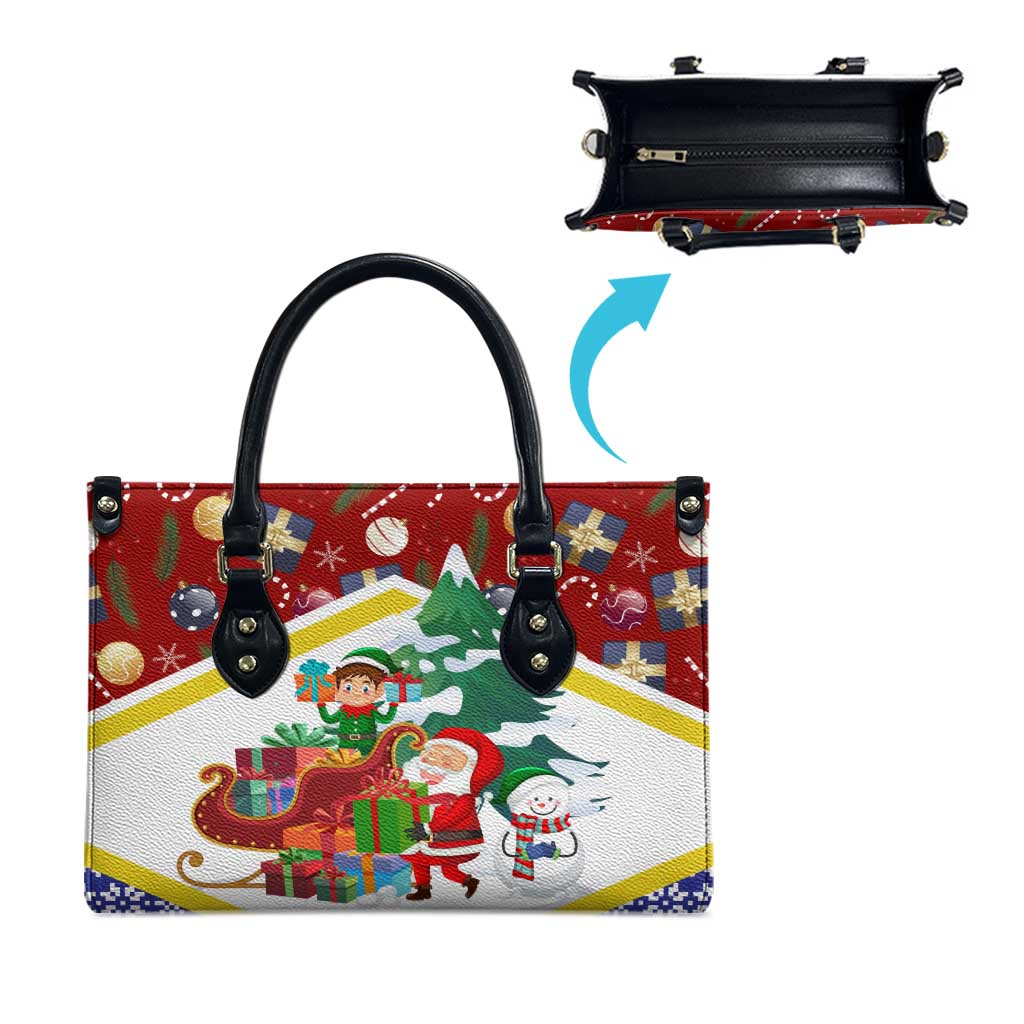 Croatia Christmas Leather Bag with Santa Sleigh Presents and Red Checkered Crest - Wonder Print Shop