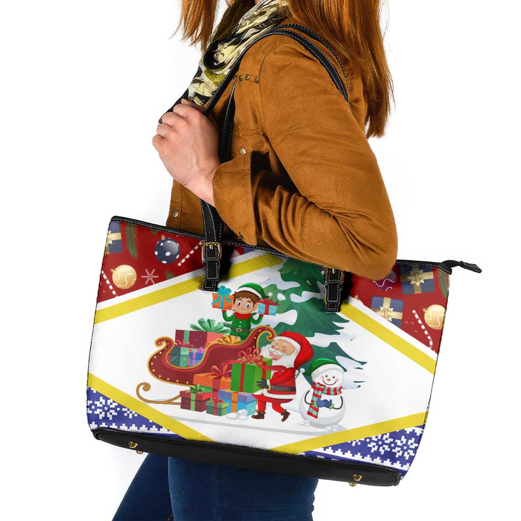 Croatia Christmas Leather Tote Bag with Santa Sleigh Presents and Red Checkered Crest - Wonder Print Shop