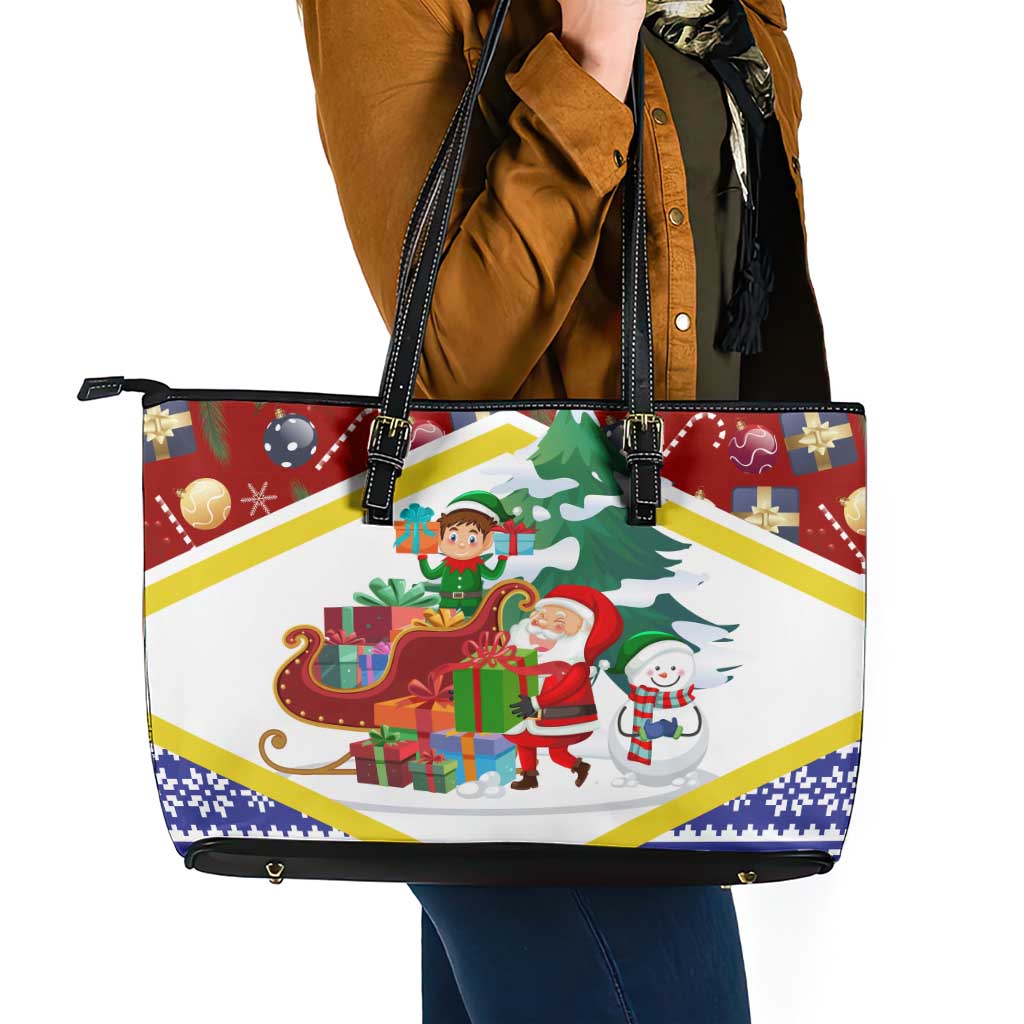 Croatia Christmas Leather Tote Bag with Santa Sleigh Presents and Red Checkered Crest - Wonder Print Shop