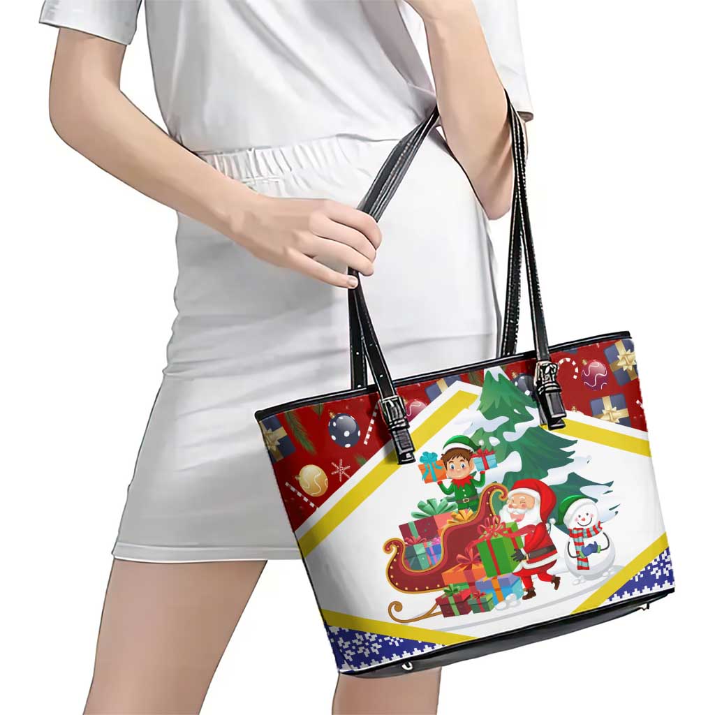 Croatia Christmas Leather Tote Bag with Santa Sleigh Presents and Red Checkered Crest - Wonder Print Shop