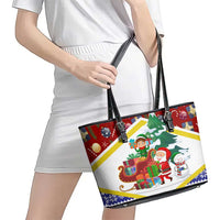 Croatia Christmas Leather Tote Bag with Santa Sleigh Presents and Red Checkered Crest - Wonder Print Shop