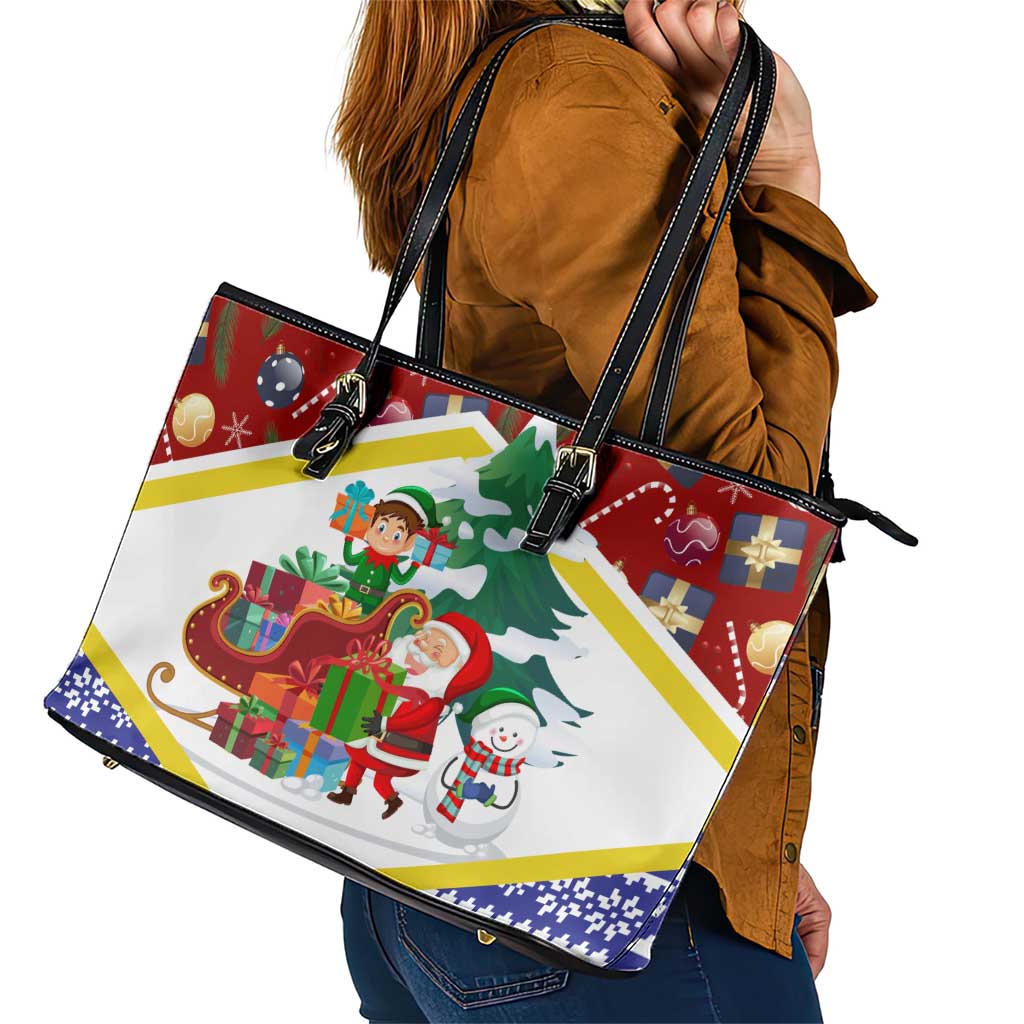 Croatia Christmas Leather Tote Bag with Santa Sleigh Presents and Red Checkered Crest - Wonder Print Shop