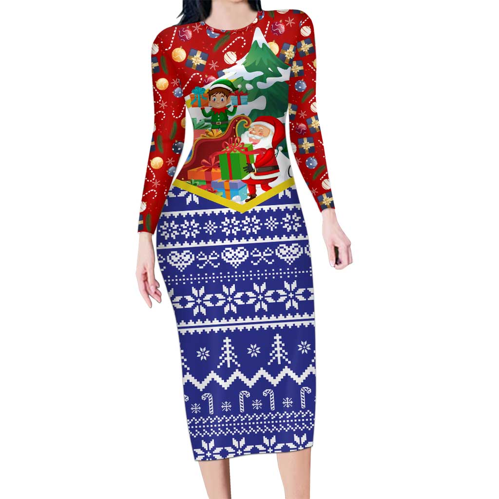 Croatia Christmas Long Sleeve Bodycon Dress with Santa Sleigh Presents and Red Checkered Crest - Wonder Print Shop