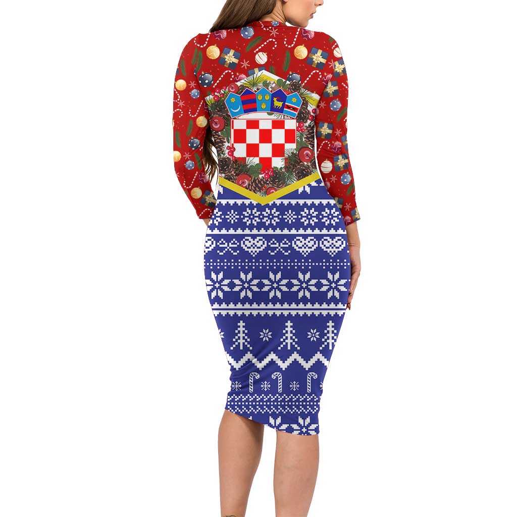 Croatia Christmas Long Sleeve Bodycon Dress with Santa Sleigh Presents and Red Checkered Crest - Wonder Print Shop
