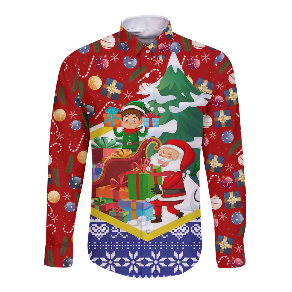 Croatia Christmas Long Sleeve Button Shirt with Santa Sleigh Presents and Red Checkered Crest - Wonder Print Shop