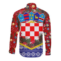 Croatia Christmas Long Sleeve Button Shirt with Santa Sleigh Presents and Red Checkered Crest - Wonder Print Shop