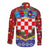 Croatia Christmas Long Sleeve Button Shirt with Santa Sleigh Presents and Red Checkered Crest - Wonder Print Shop