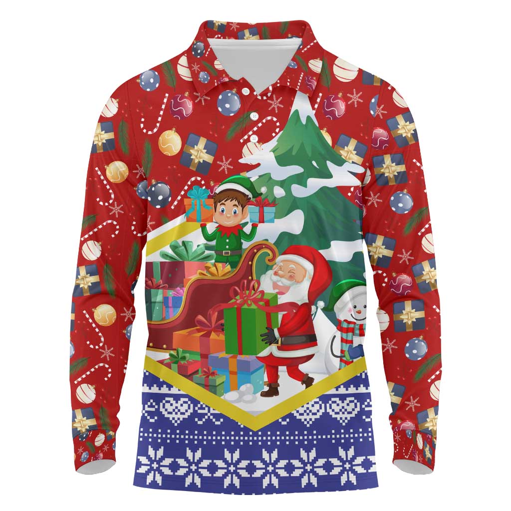 Croatia Christmas Long Sleeve Polo Shirt with Santa Sleigh Presents and Red Checkered Crest - Wonder Print Shop
