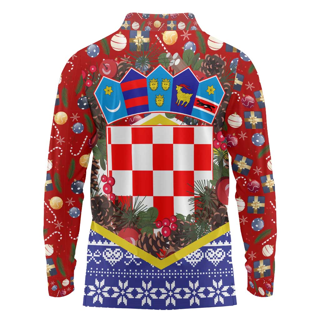 Croatia Christmas Long Sleeve Polo Shirt with Santa Sleigh Presents and Red Checkered Crest - Wonder Print Shop