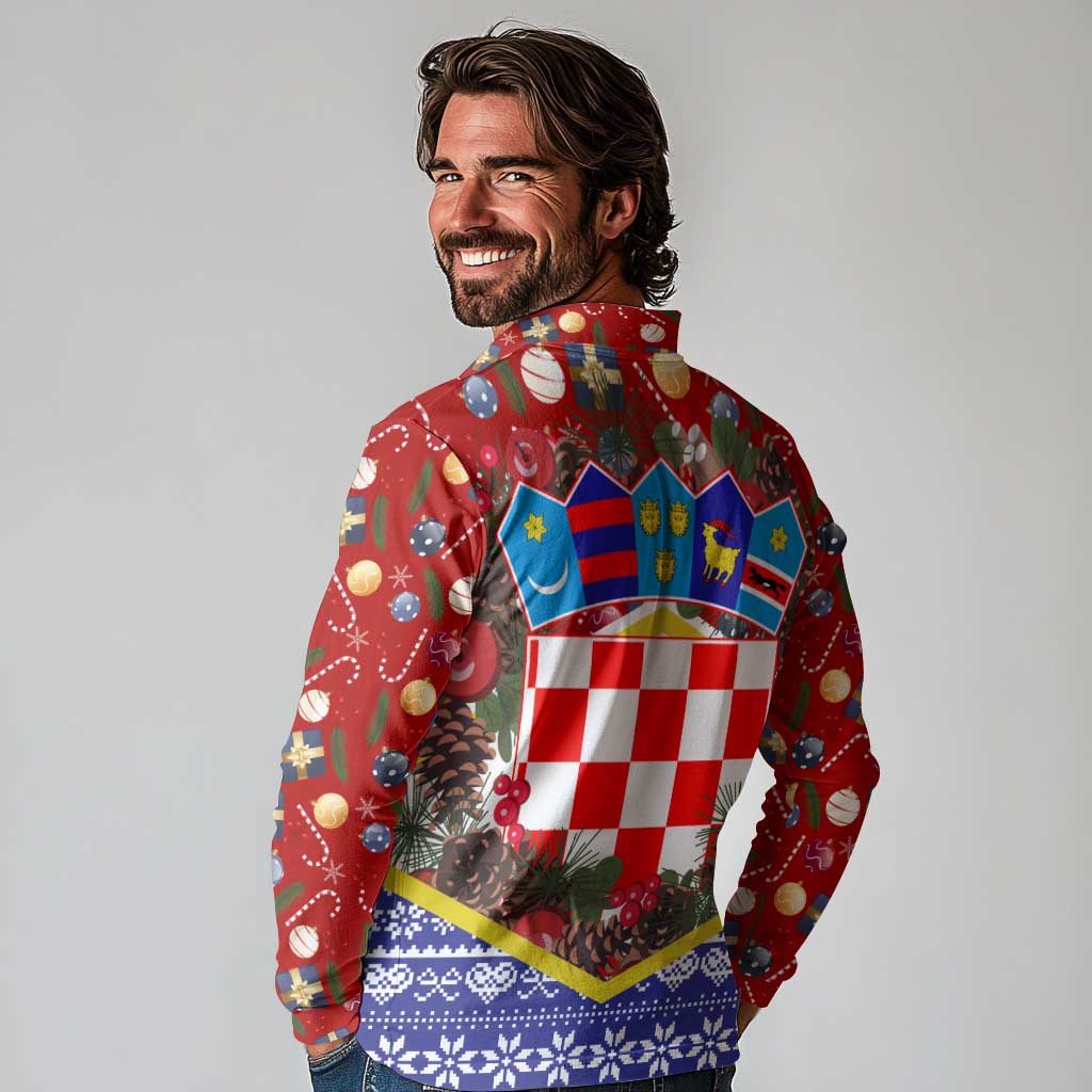 Croatia Christmas Long Sleeve Polo Shirt with Santa Sleigh Presents and Red Checkered Crest - Wonder Print Shop