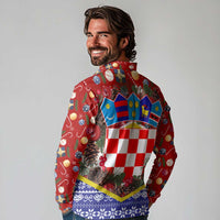 Croatia Christmas Long Sleeve Polo Shirt with Santa Sleigh Presents and Red Checkered Crest - Wonder Print Shop