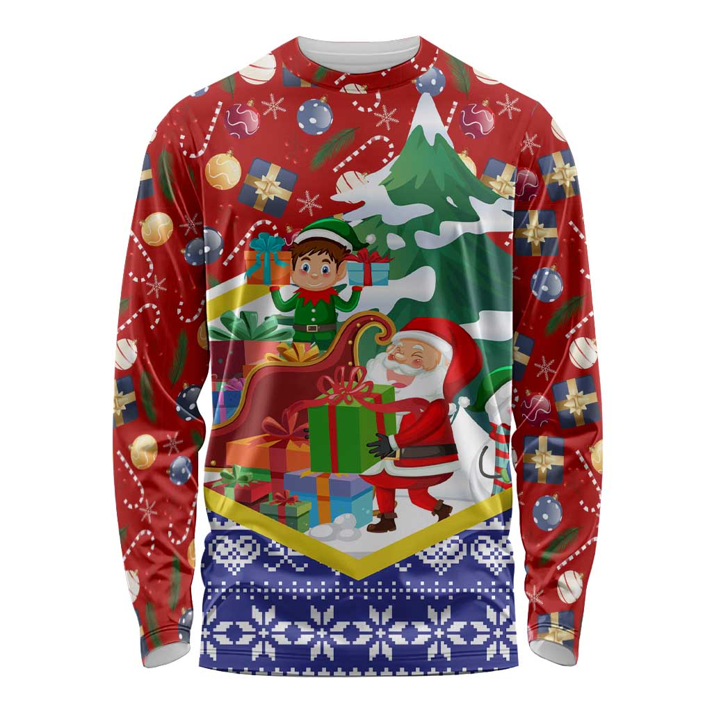 Croatia Christmas Long Sleeve Shirt with Santa Sleigh Presents and Red Checkered Crest - Wonder Print Shop