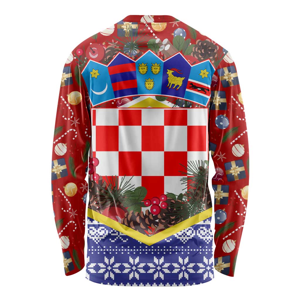 Croatia Christmas Long Sleeve Shirt with Santa Sleigh Presents and Red Checkered Crest - Wonder Print Shop