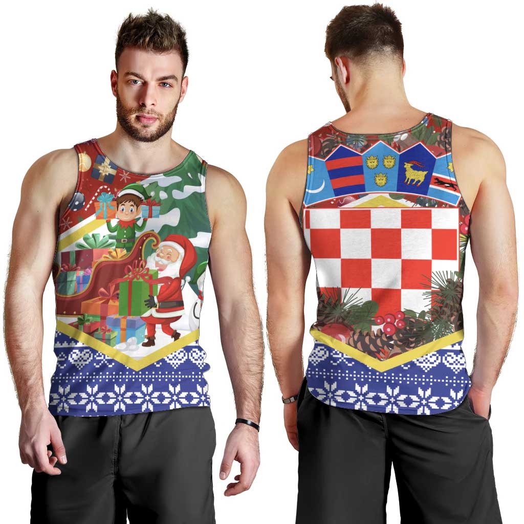 Croatia Christmas Men Tank Top with Santa Sleigh Presents and Red Checkered Crest - Wonder Print Shop