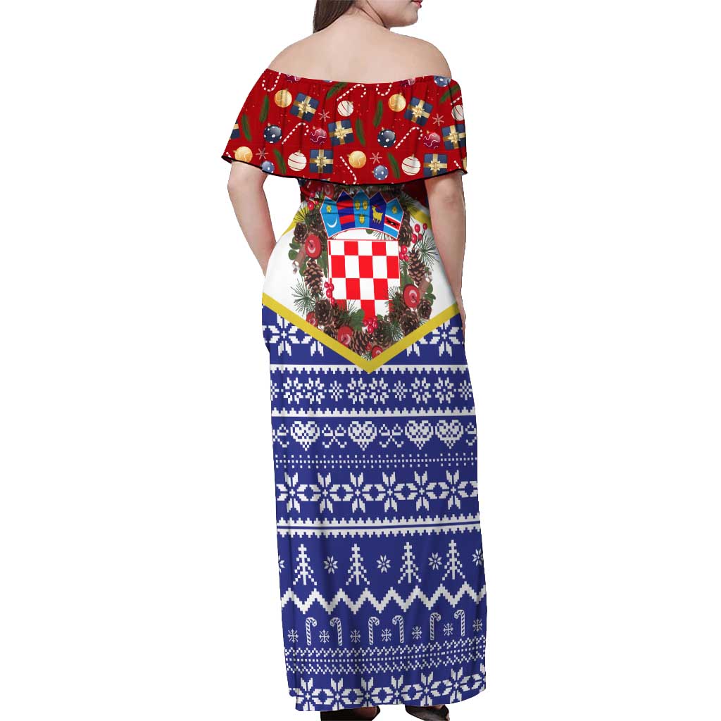 Croatia Christmas Off Shoulder Maxi Dress with Santa Sleigh Presents and Red Checkered Crest - Wonder Print Shop