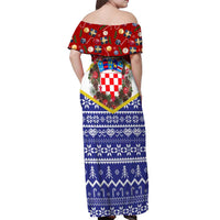 Croatia Christmas Off Shoulder Maxi Dress with Santa Sleigh Presents and Red Checkered Crest - Wonder Print Shop