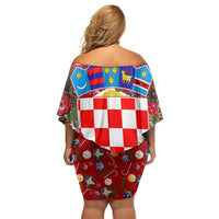Croatia Christmas Off Shoulder Short Dress with Santa Sleigh Presents and Red Checkered Crest - Wonder Print Shop