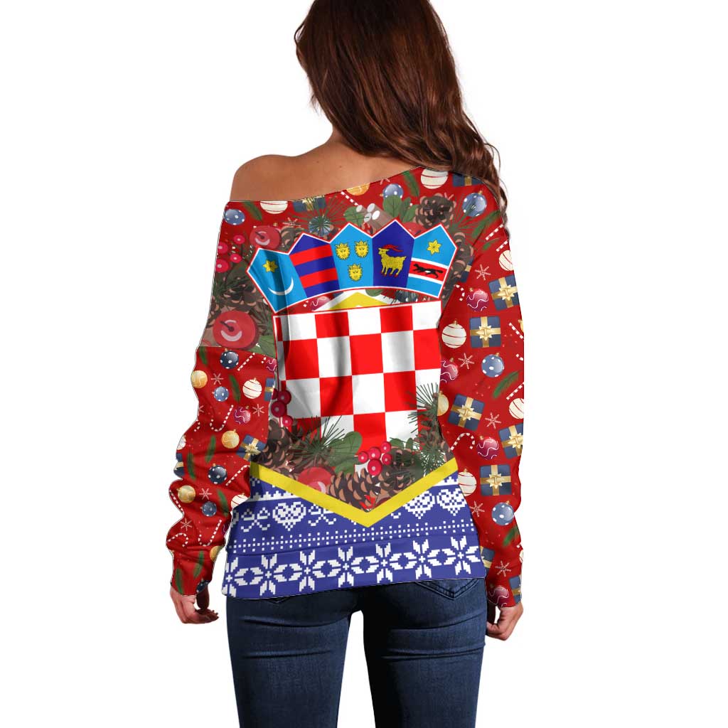 Croatia Christmas Off Shoulder Sweater with Santa Sleigh Presents and Red Checkered Crest - Wonder Print Shop