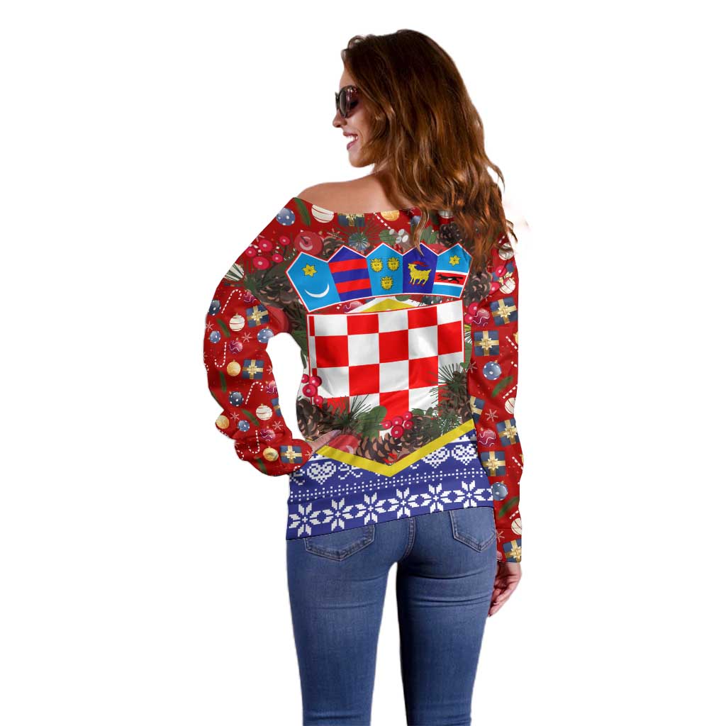Croatia Christmas Off Shoulder Sweater with Santa Sleigh Presents and Red Checkered Crest - Wonder Print Shop