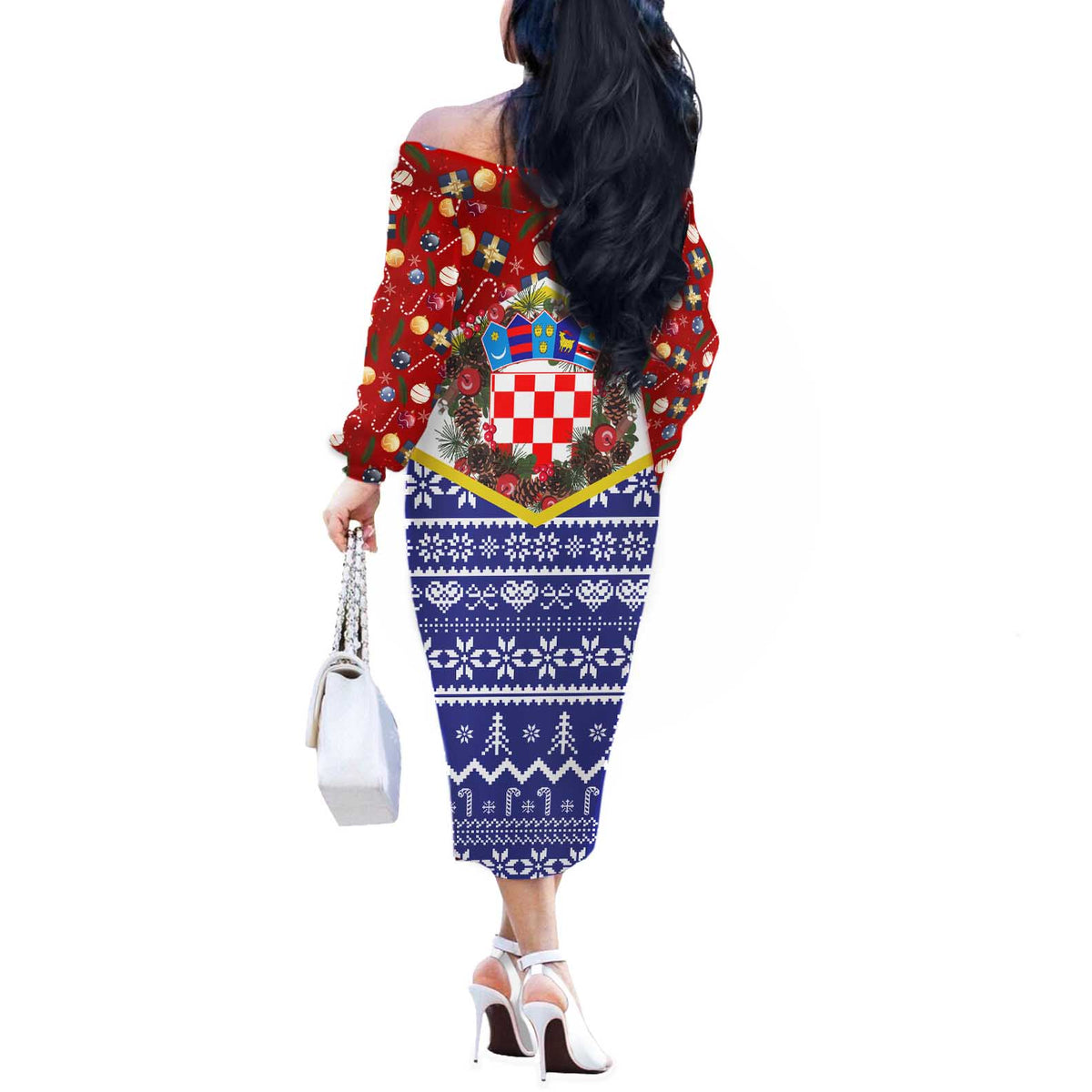 Croatia Christmas Off The Shoulder Long Sleeve Dress with Santa Sleigh Presents and Red Checkered Crest - Wonder Print Shop