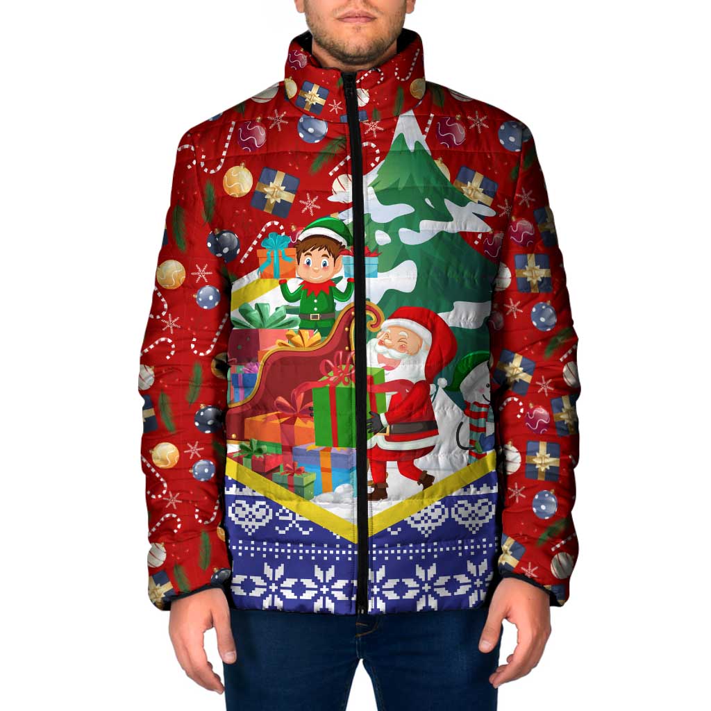 Croatia Christmas Padded Jacket with Santa Sleigh Presents and Red Checkered Crest - Wonder Print Shop