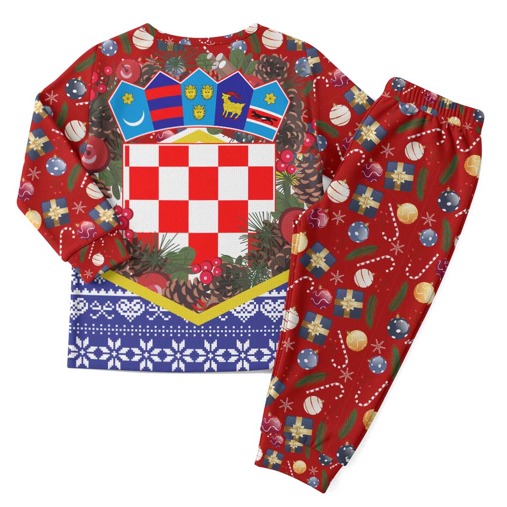 Croatia Christmas Pajama Set with Santa Sleigh Presents and Red Checkered Crest - Wonder Print Shop