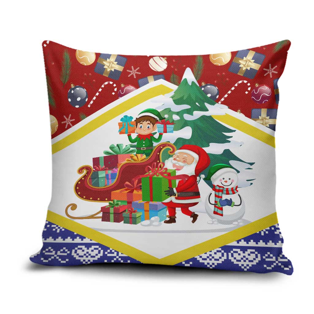 Croatia Christmas Pillow Cover with Santa Sleigh Presents and Red Checkered Crest - Wonder Print Shop