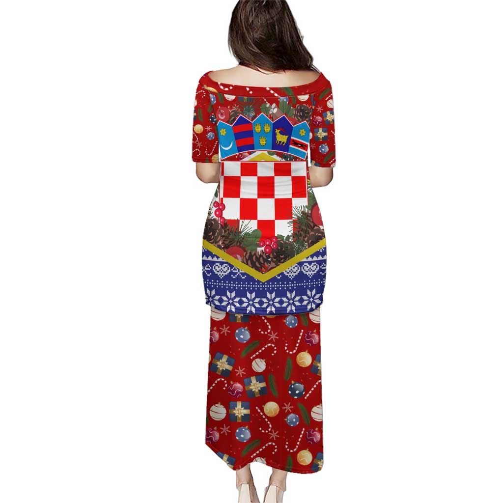 Croatia Christmas Puletasi with Santa Sleigh Presents and Red Checkered Crest - Wonder Print Shop