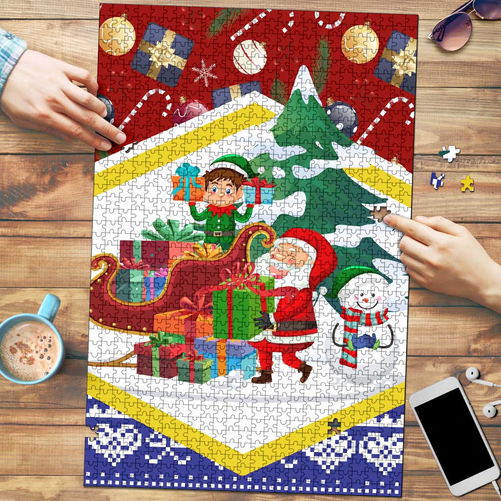 Croatia Christmas Puzzle with Santa Sleigh Presents and Red Checkered Crest - Wonder Print Shop